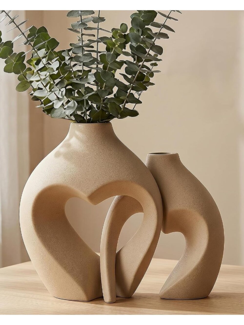 Brown Ceramic Flower Vase Set of 2 Home Table Centerpiece Decor Heart Shaped